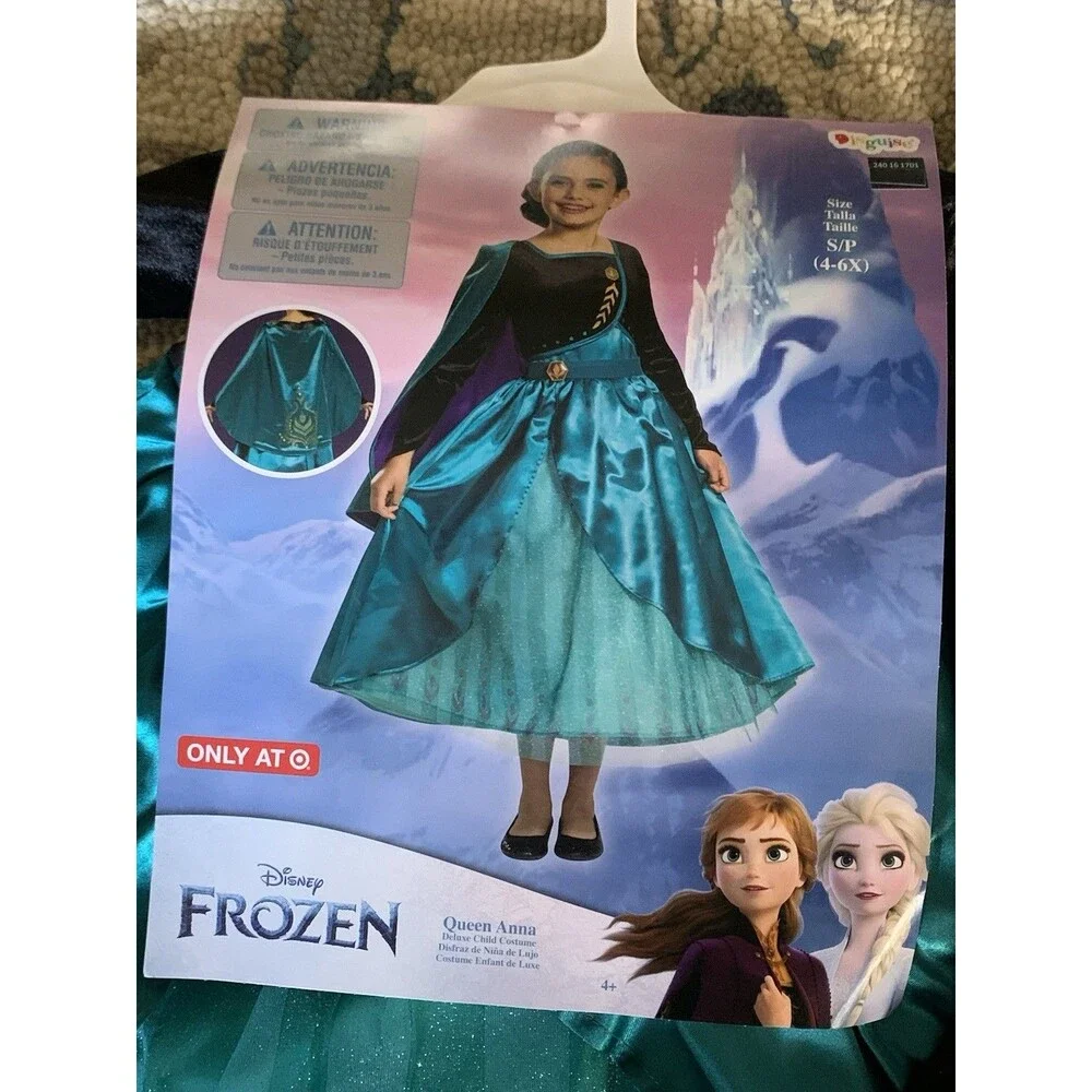 New Disney Princess Frozen Costume Girls S (4-6) Anna w/Elsa Wig Halloween
